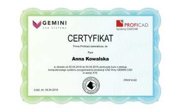 Certyfikat ukończenia szkolenia na systemie Gemini CAD